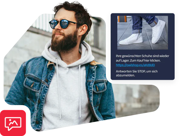 Man in denim jacket and sunglasses with phone text about shoes being back in stock.