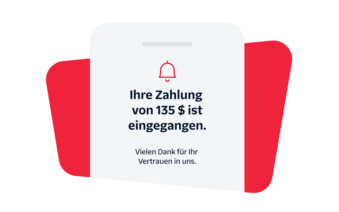 Payment Confirmation Notification Notification showing payment of $135 received with a thank you message and a bell icon.