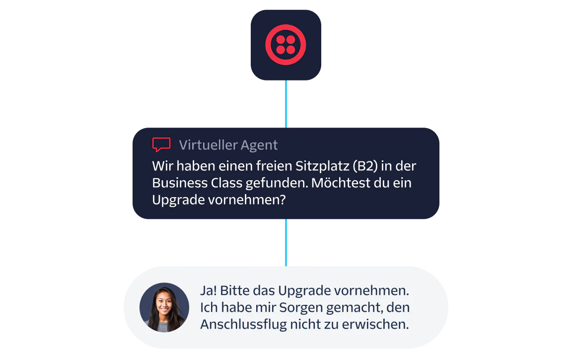 Virtual Assistant Offers Business Class Upgrade Virtual agent offering a business class upgrade with a user accepting the upgrade in a messaging interface.