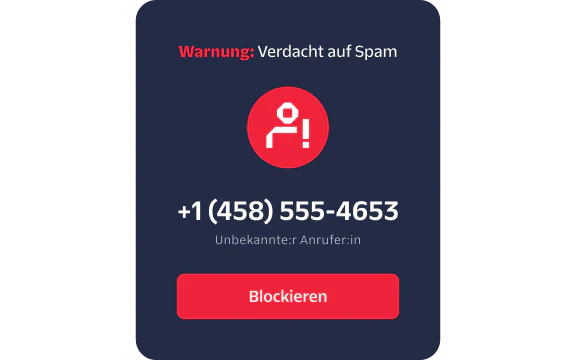 Phone screen showing an incoming call from an unknown number with a spam risk warning and block option.
