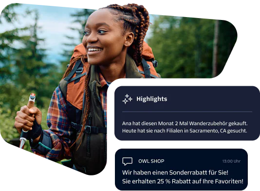 Woman hiking with backpack and promotional messages Woman with braided hair hiking and promotional messages about hiking accessories and special discount