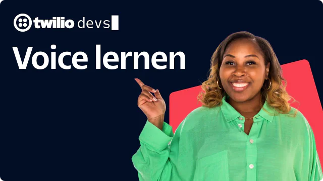 Woman in green shirt pointing upward, with Twilio Devs Learn Voice text on dark blue background.