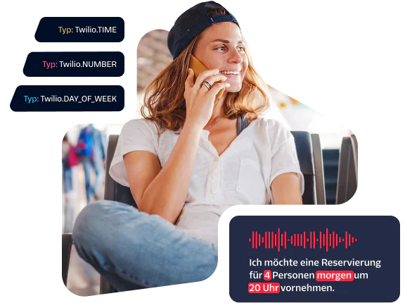 Woman sitting with crossed legs while talking on phone with displayed automated reservation messages.