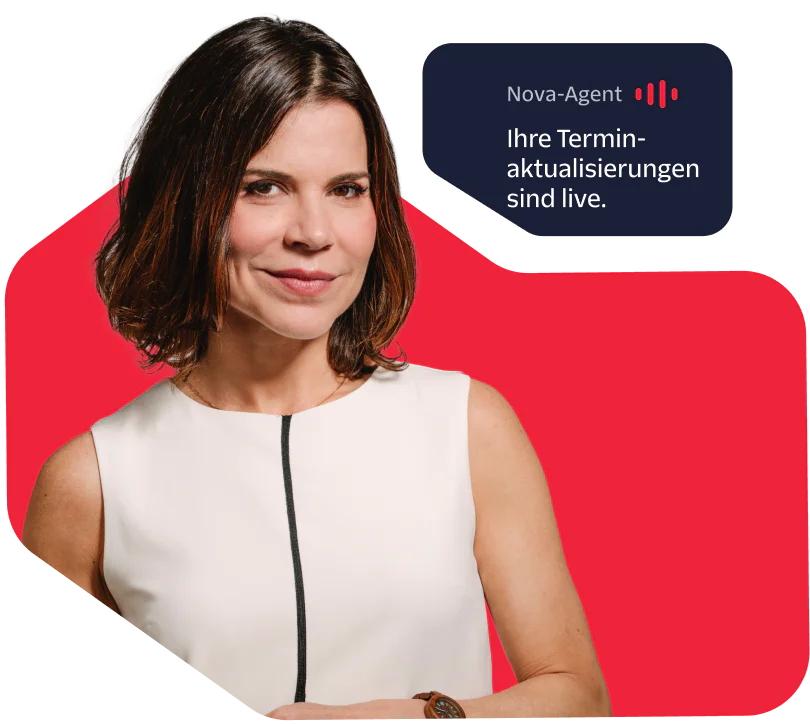 Woman in a white dress with a Nova agent reminder at 4