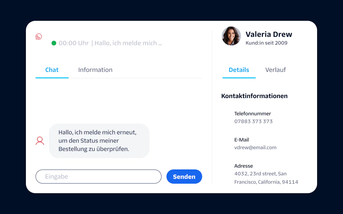A chat window showing a customer's message, contact details, and an info tab with Valeria Drew's profile.