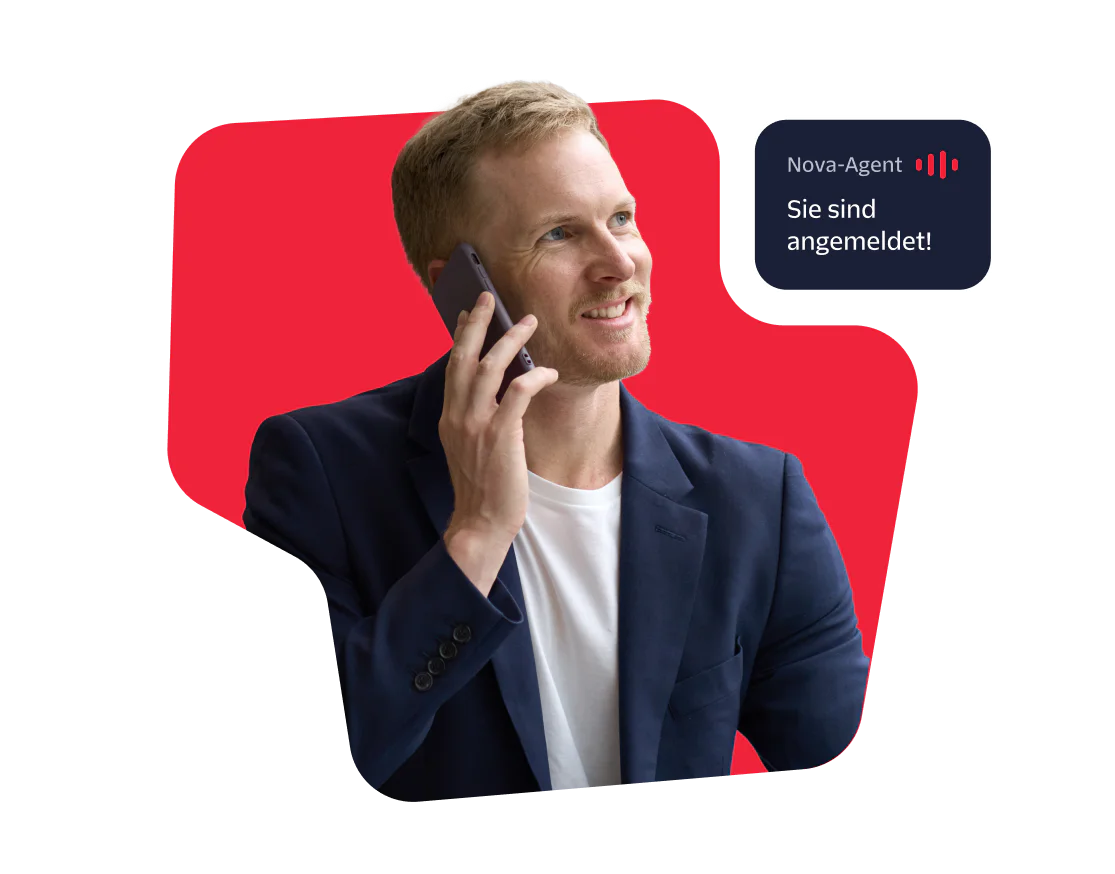 Smiling man in a blue blazer on a phone call with a booking confirmation message.