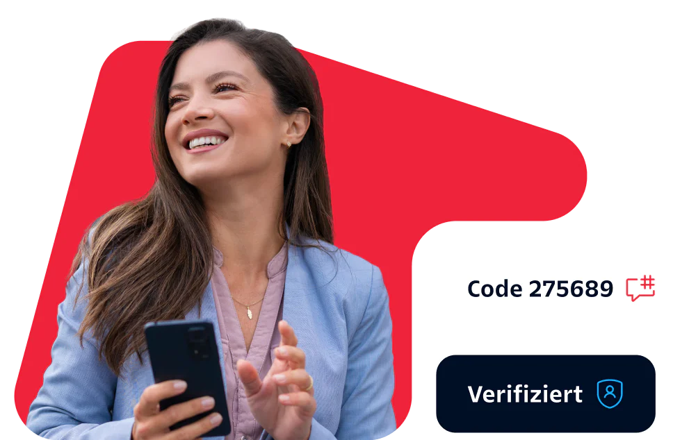 Woman in a blue blazer smiling and holding a phone with a verification code and badge displayed beside her.