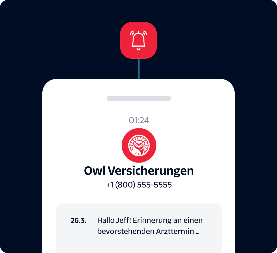 Smartphone screen showing an Owl Insurance notification about an upcoming doctor appointment.