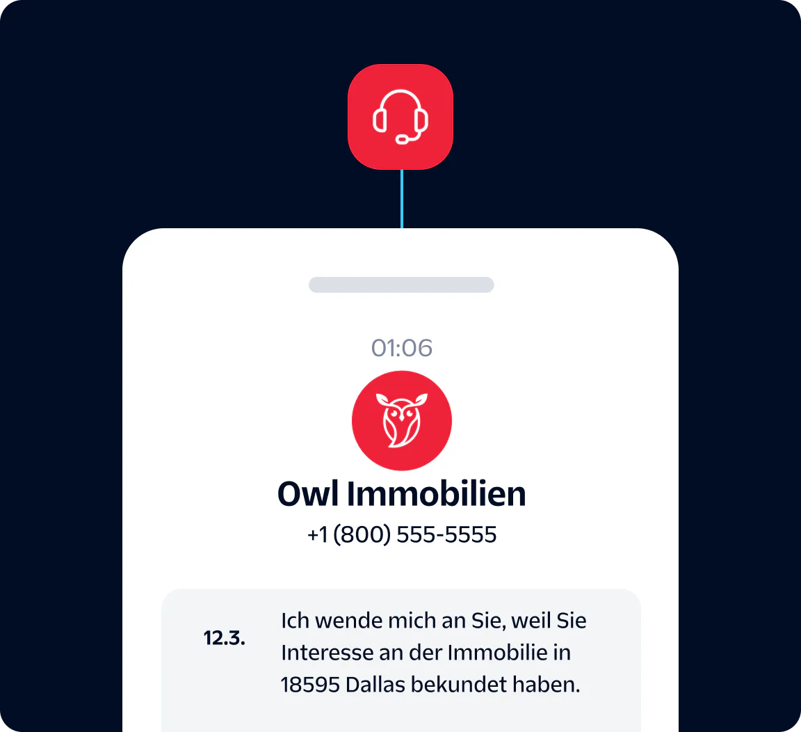 Text message from Owl Real State following up on interest in Dallas property, shown on a smartphone screen.