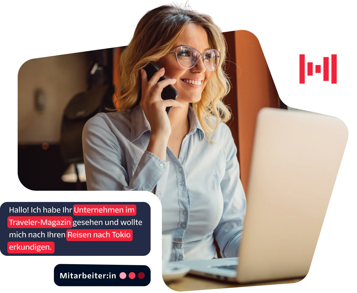 Woman on a phone call with laptop, discussing a company's ad in Traveler magazine about Tokyo trips.