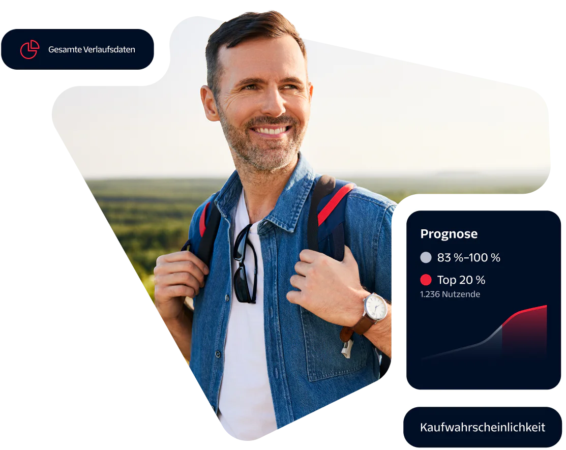 Smiling man with backpack, overlay of data charts, and Launch Campaign button