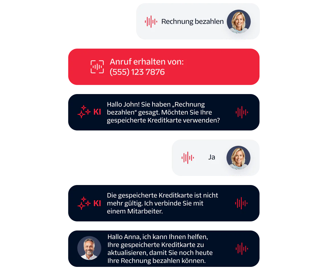 Chat between customer and AI assistant about bill payment and credit card update with agent interaction.