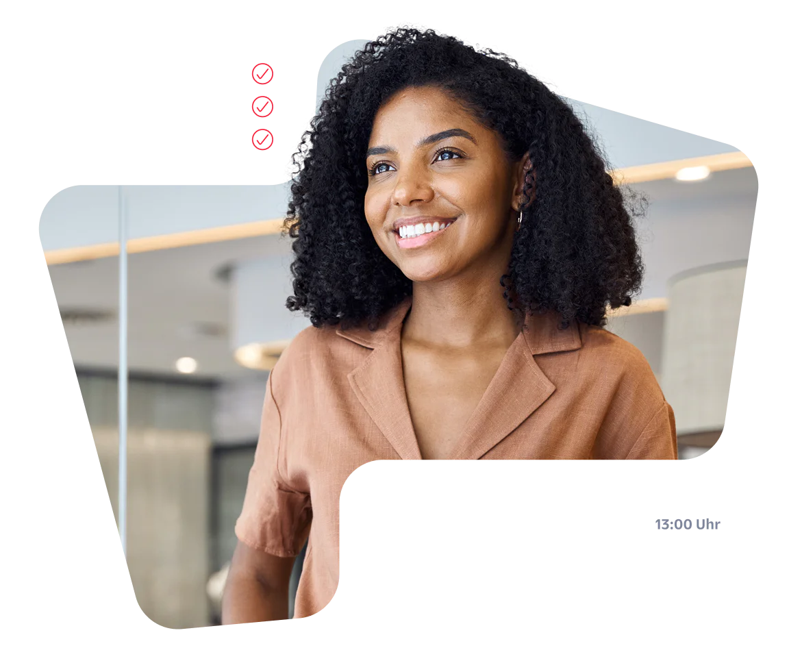 Smiling woman with order status updates from Owl Bakery including order received, preparing, and notification sent.