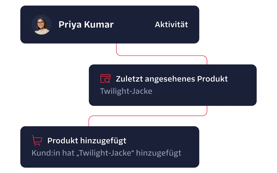 Flowchart showing Priya Kumar's activity; last product seen was 'Twilight Jacket' and added 'Twilight Jacket' to cart.