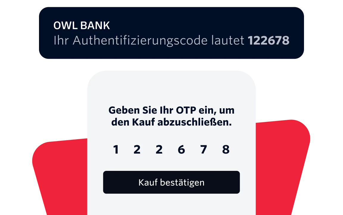OTP Authentication Prompt for Owl Bank OTP authentication screen showing a six-digit code entry and a confirmation button.