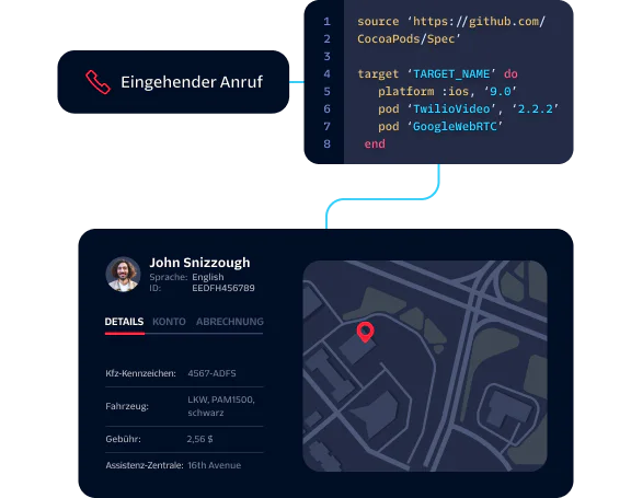 Interface showing an incoming call detail and user's profile with language, ID, vehicle, and location.