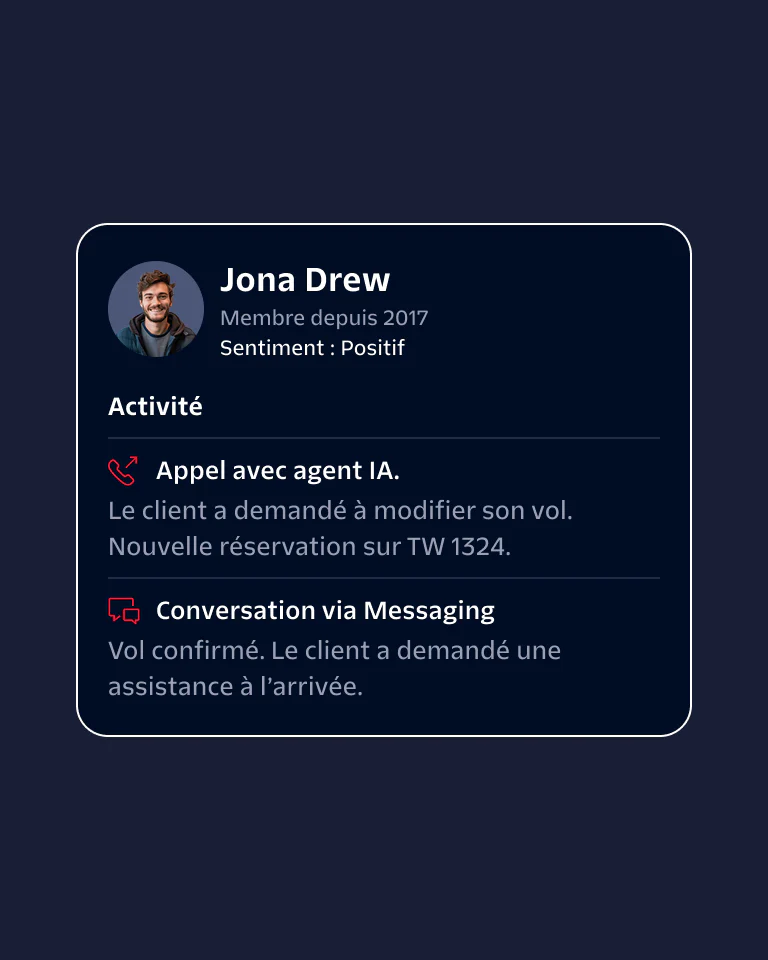 Profile of a customer interacting with AI agent for flight change and confirmation.