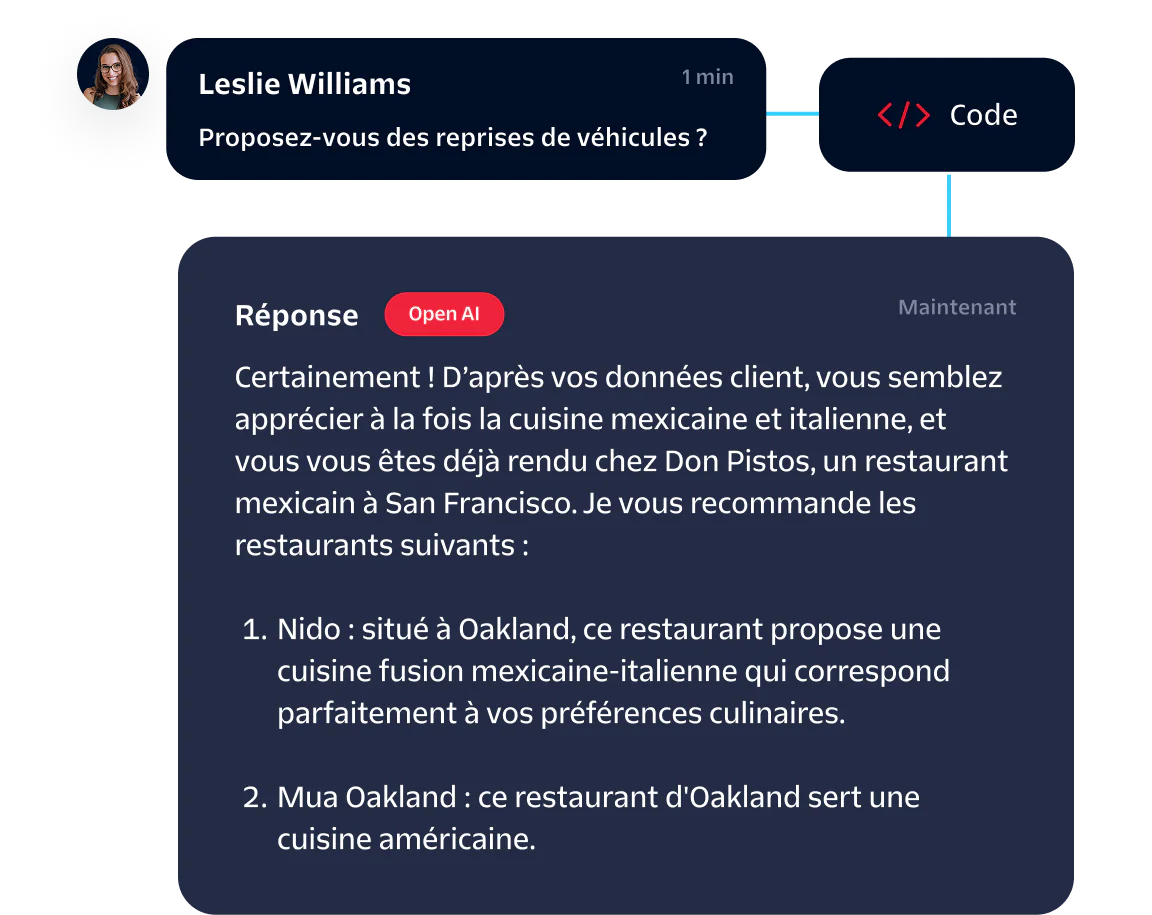 A customer named Leslie Williams asking for restaurant recommendations in a chat.