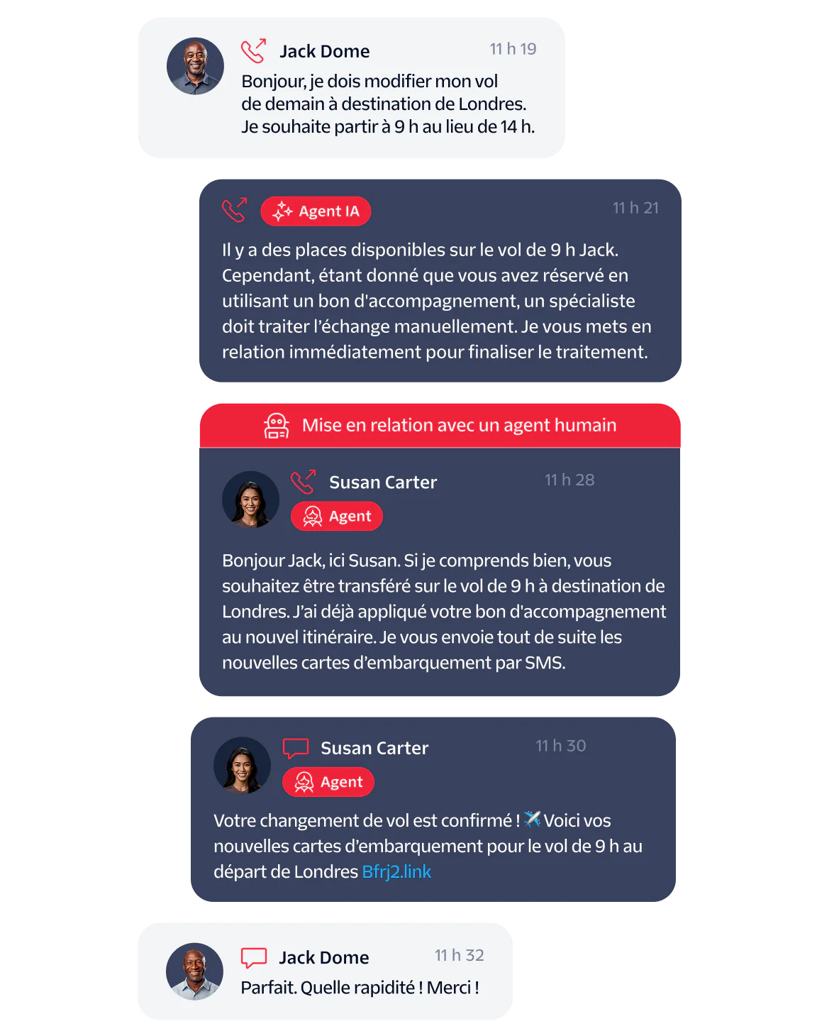 Chat conversation between Jack and Susan about changing a flight time using a companion voucher.