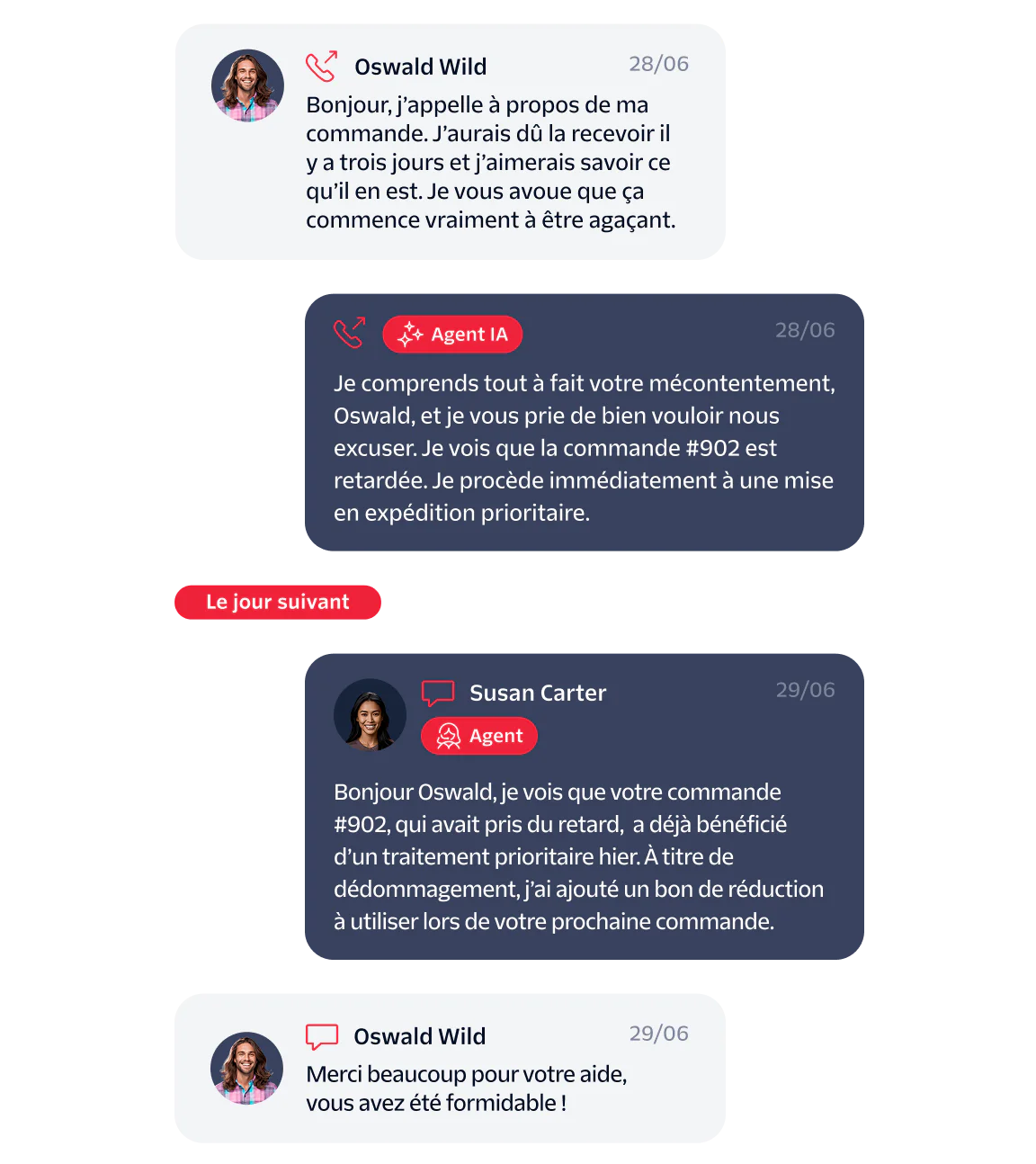 A customer chat conversation with AI and human agents resolving a delayed order.