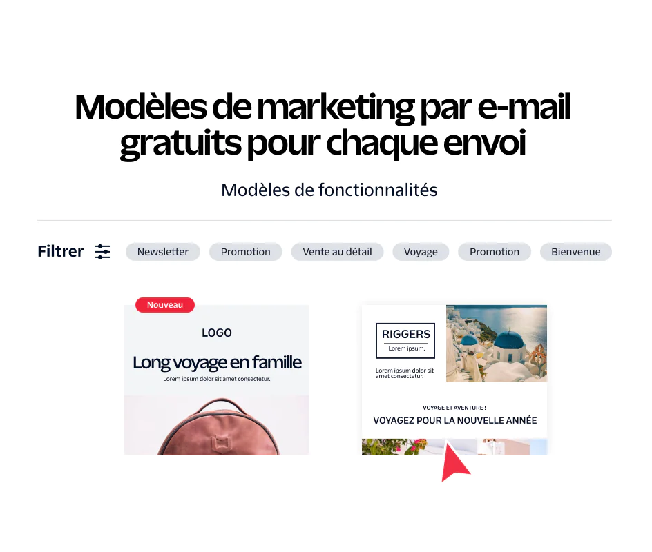 Interface showing free email marketing templates categorized by newsletter, promo, retail, travel, and welcome.