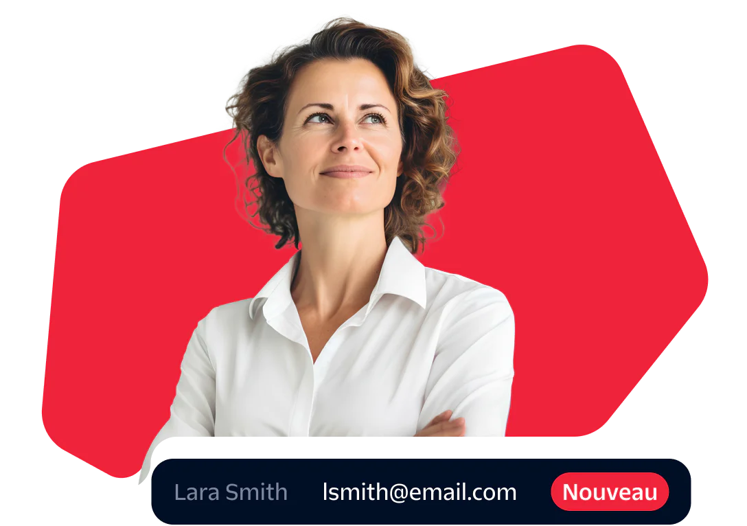 Professional Woman with Email Notification Woman in white shirt looking confident with an email address and new message alert