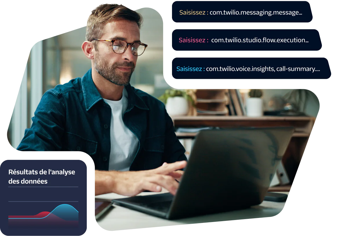 Man with glasses working on a laptop displaying Twilio API data results charts.