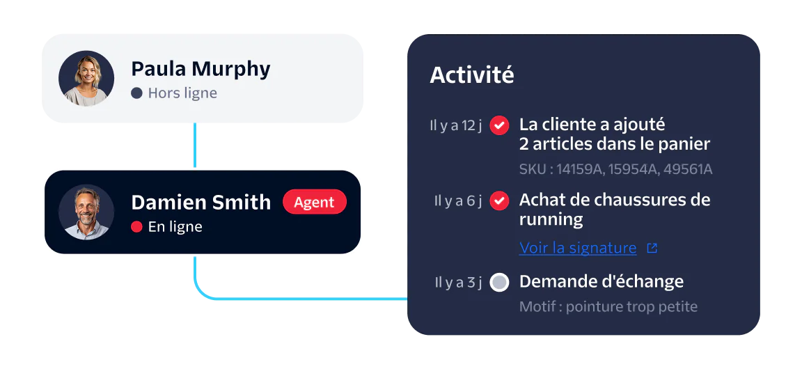 Customer Activity and Agent Status Dashboard Dashboard showing online status of Damien Smith, offline status of Paula Murphy, and recent customer activity.