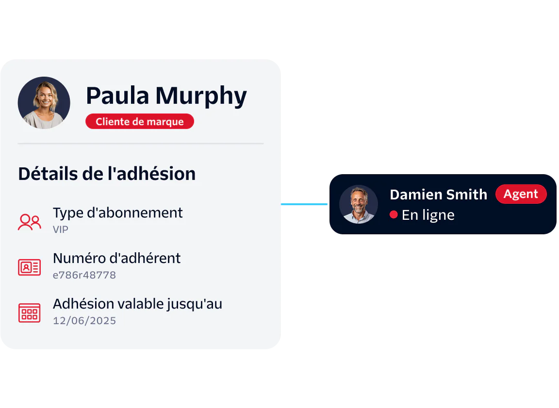 Customer Support Interaction with Membership Details Customer profile with membership details and connection to a support agent.