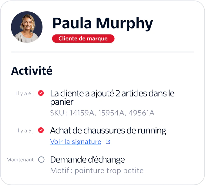A dashboard showing Paula Murphy's recent shopping activity and her status as a highly valued customer.
