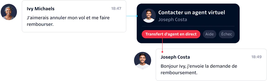 A customer asks a virtual agent to cancel a flight and get a refund; the request is handed off to a live agent.