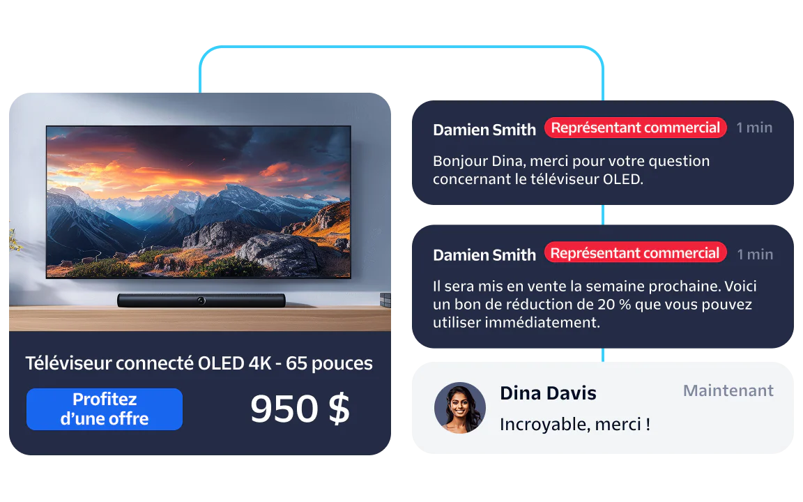 Sales rep chats with customer about a $950 Smart TV OLED 4K 65 offer.