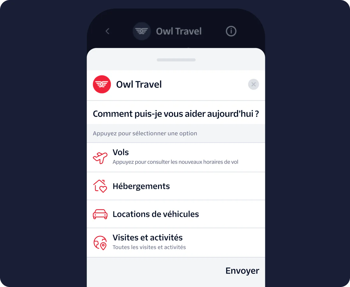 Owl Travel app screen with options for flights, accommodations, car rentals, and tours.