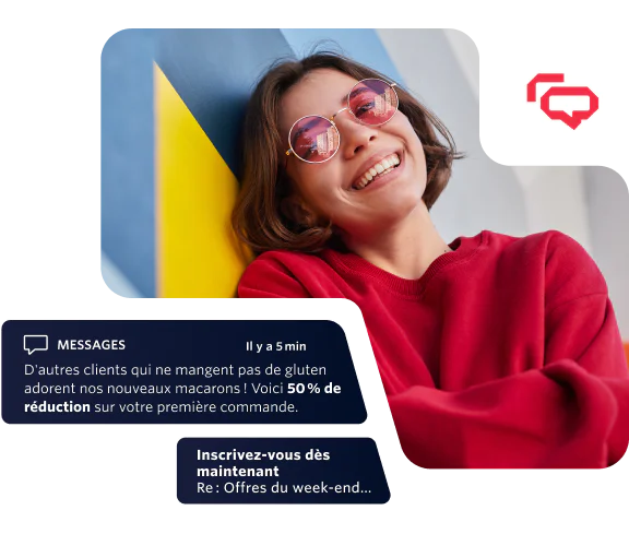 Woman Smiling with Promotional Messages for Gluten-Free Macarons A woman in a red sweater smiling with sunglasses and promotional messages about macarons on the image.