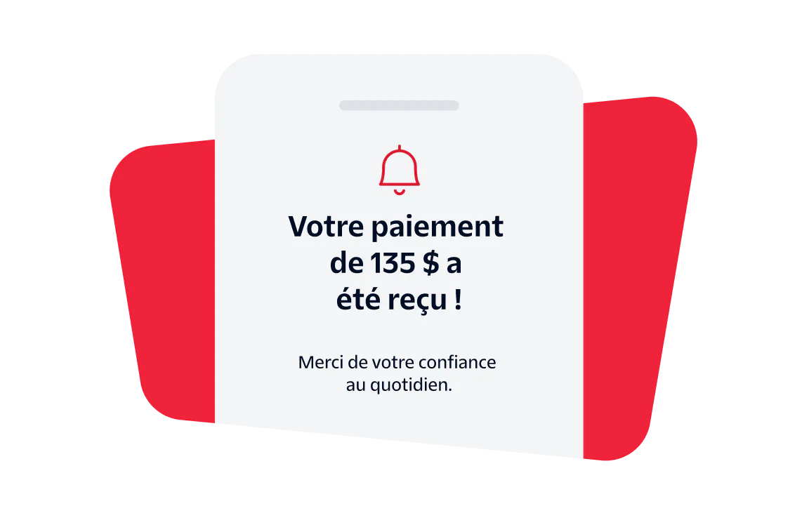 Payment Confirmation Notification Notification showing payment of $135 received with a thank you message and a bell icon.