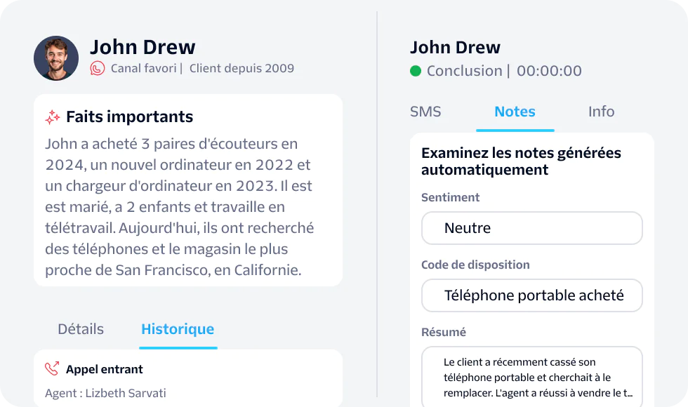 Customer Interaction Overview for John Drew Profile information and interaction history for customer John Drew, showing recent purchases and agent notes.