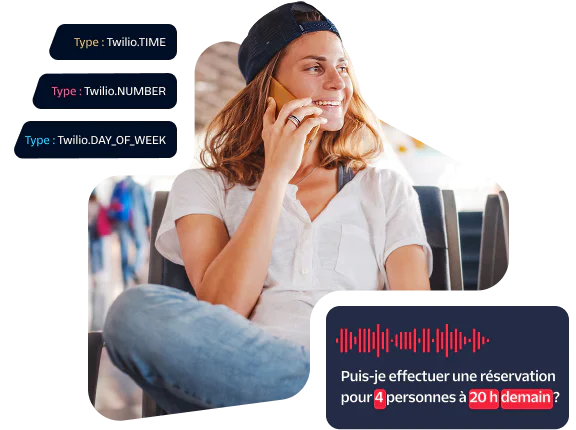 Woman sitting with crossed legs while talking on phone with displayed automated reservation messages.