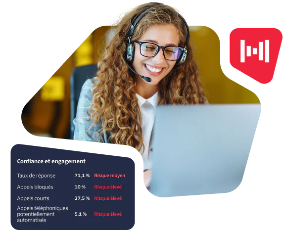 Smiling woman with headset using a laptop, showing network issues list