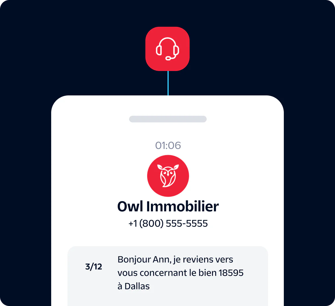 Text message from Owl Real State following up on interest in Dallas property, shown on a smartphone screen.