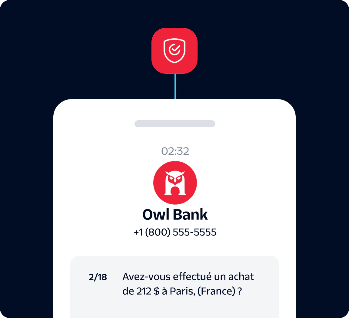 Owl Bank notification asking about a $212 purchase in Paris, France.