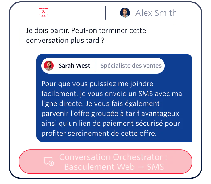 A web chat between Alex Smith and Sarah West, switching to SMS with a conversation orchestrator.