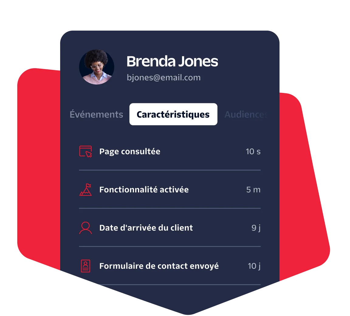 Profile card showing user's interaction data with labels for events, traits, and audiences.