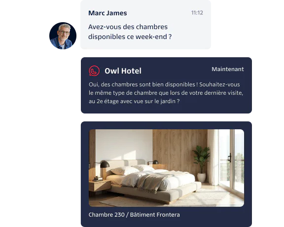 Chat between Marc James and Owl Hotel about room availability, showing an image of a hotel room.