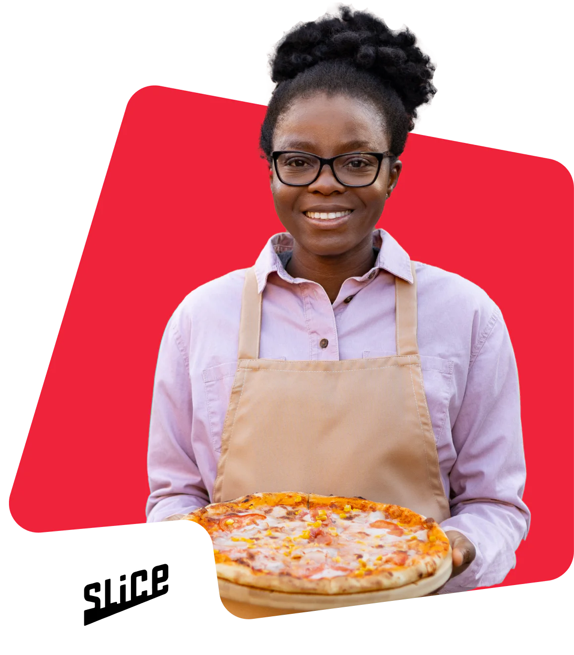 Woman with glasses holding a pizza wearing an apron and smiling, with a red background.