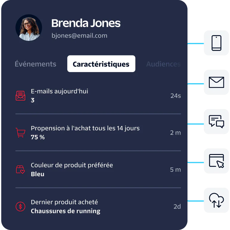 Dashboard displaying user traits such as email activity, purchase propensity, preferences and last product bought.