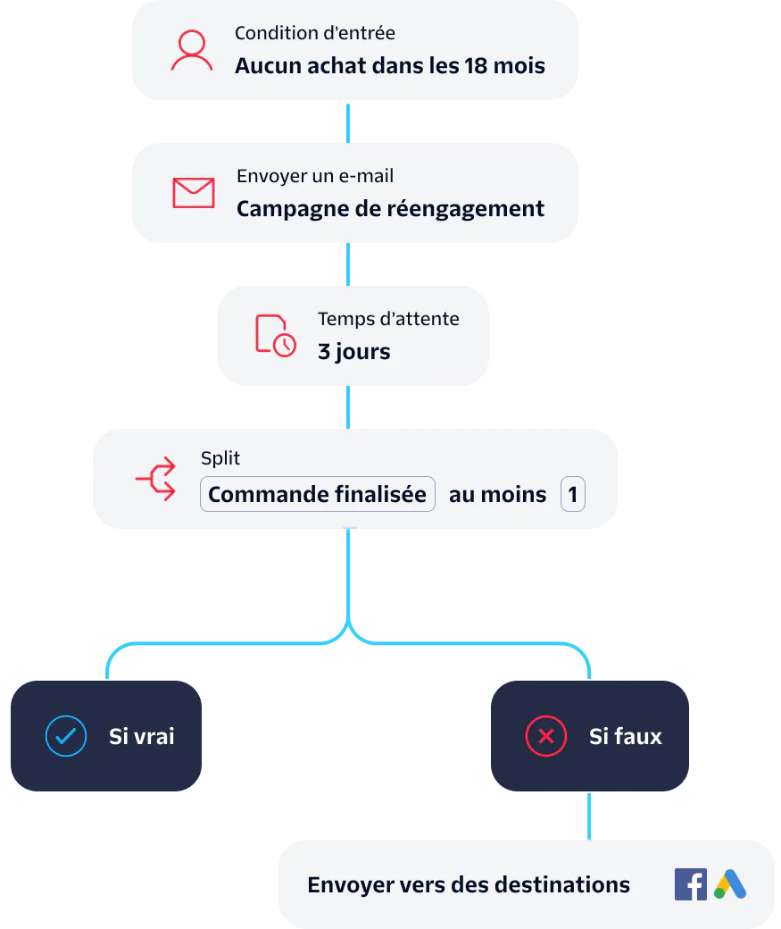 Flowchart depicting the steps for an email re-engagement campaign based on user purchase activity.