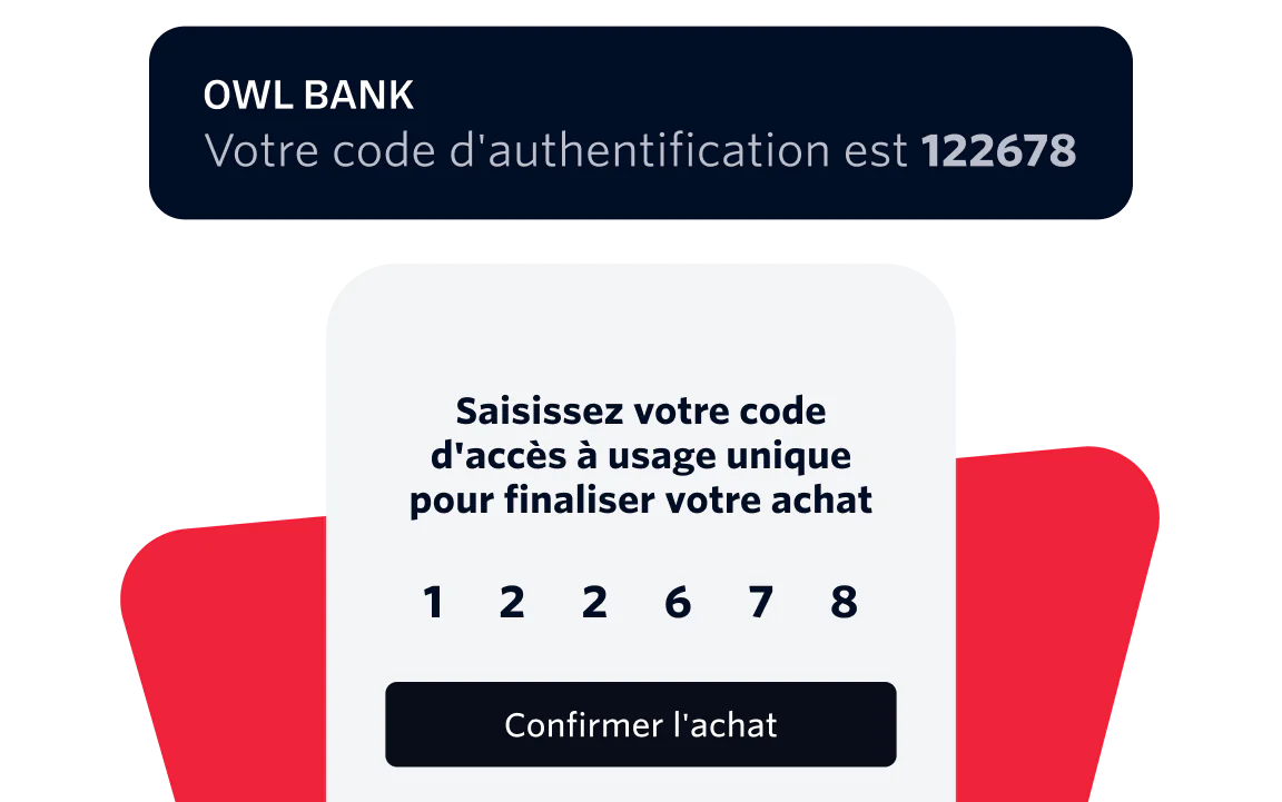 OTP Authentication Prompt for Owl Bank OTP authentication screen showing a six-digit code entry and a confirmation button.