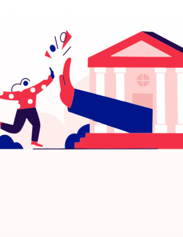 Person being stopped by a giant hand from a bank building while holding percentage and currency symbols.