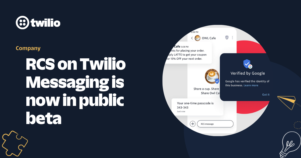 Twilio announces public beta for RCS messaging with image of chat screen and verified by Google logo.