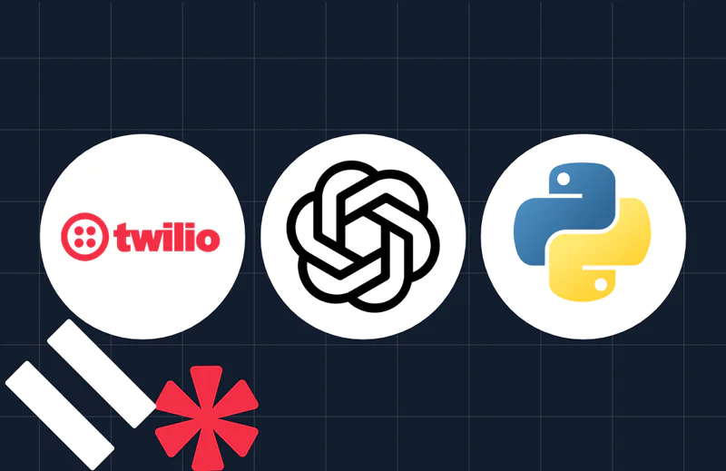 Logos of Twilio, ChatGPT, and Python programming language on a dark grid background.